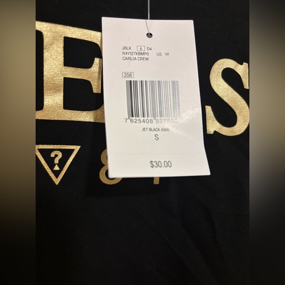 NWT GUESS Babydoll Tee Size Small Gold Metallic Letters on Black - Picture 4 of 5